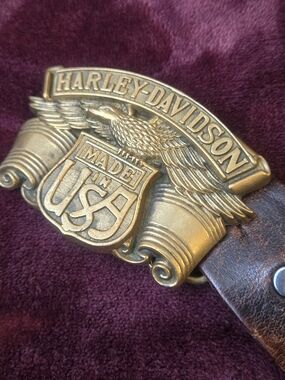 Vintage 80s Harley-Davidson Gold Eagle 'Made in USA' Baron Buckle Leather Belt